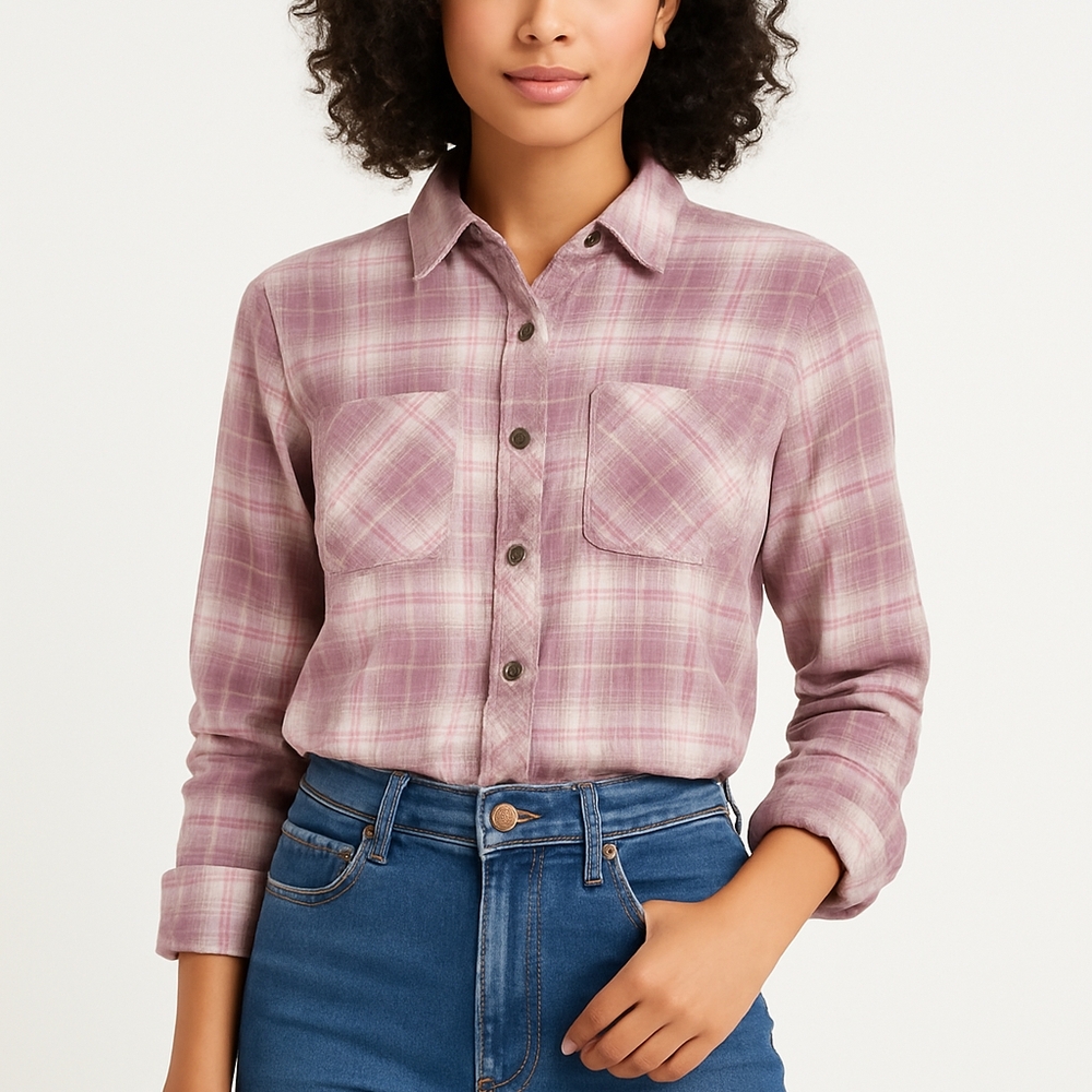 WilliamRast Shirt Womens Sz M Plaid Button Up Purple Fray Hem Double Cuff Logger